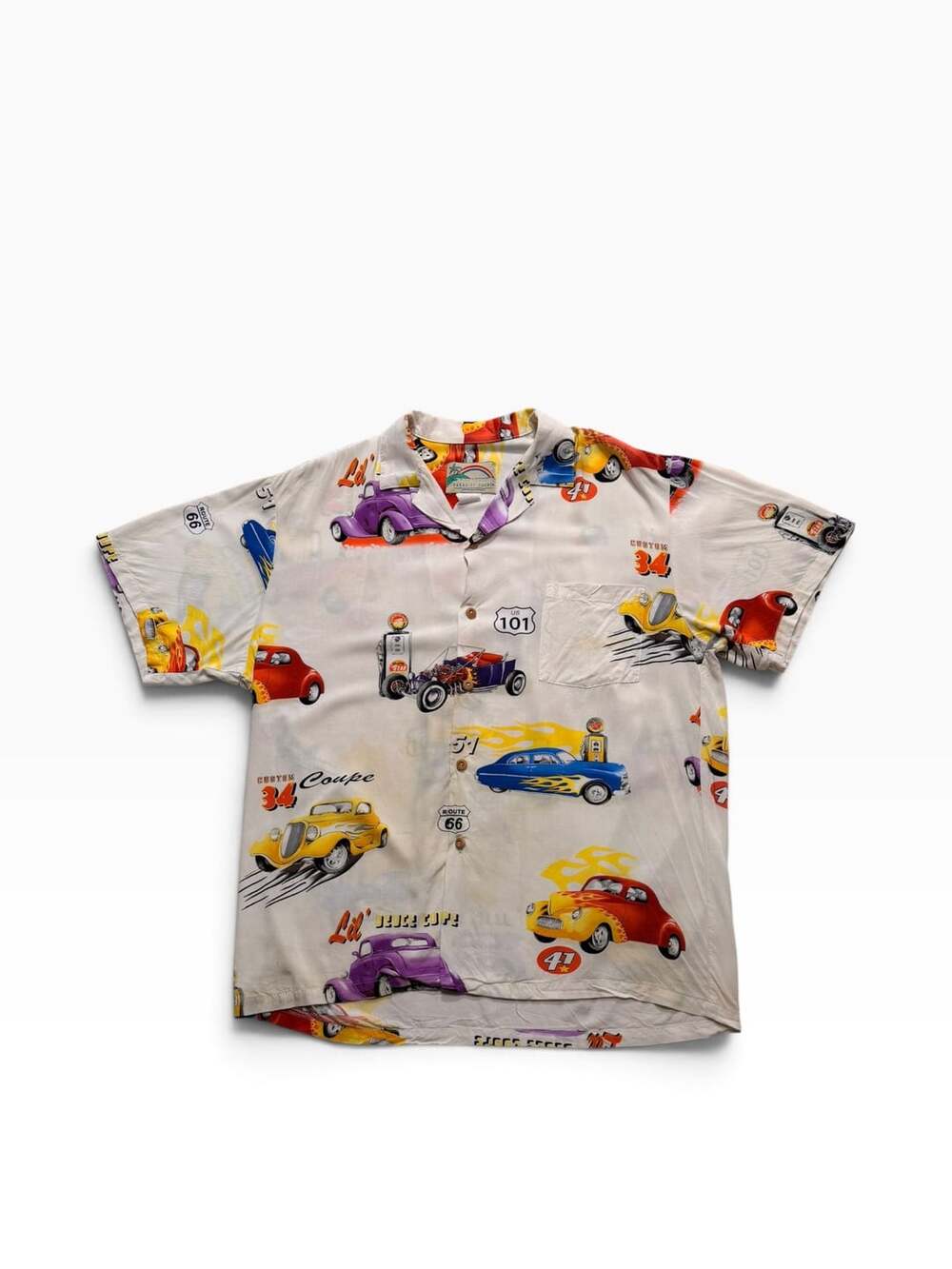 Paradise Found Hot Rod Hawaiian Shirt Size Medium Vintage Cars Rayon